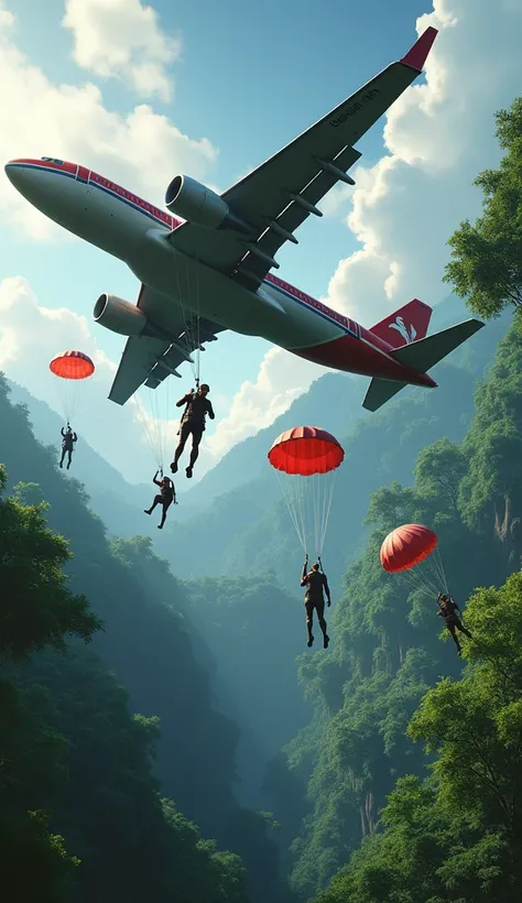 A plane with a broken wing flying in the sky where the male and female passengers are jumping in the sky with a parachute and below you can see a jungle with many trees and swamps. The style is for a video game or what is known as a battle royale video gam...