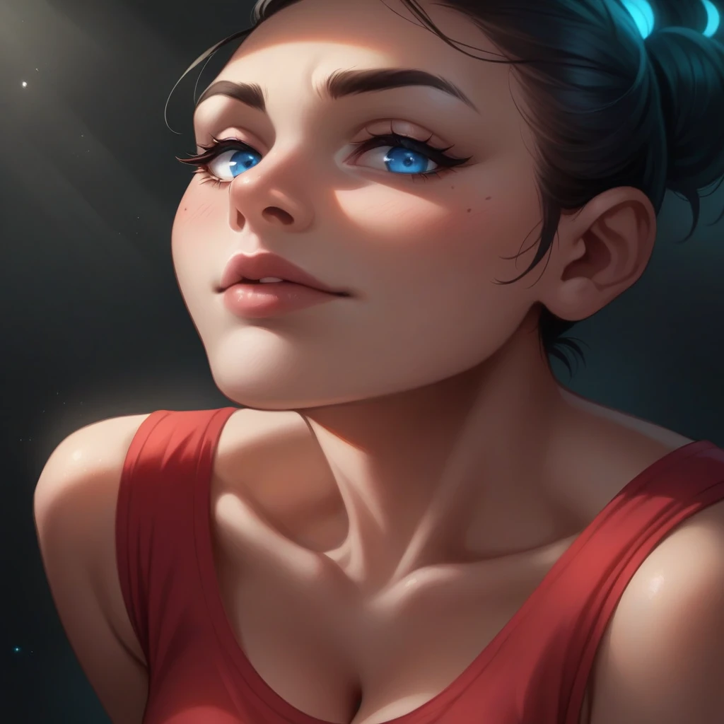 A stunningly beautiful woman with pale skin and dark hair gazes intensely at the viewer, her clear blue eyes captivating. The cinematic, fantasy-inspired scene is captured in a dynamic, hyperrealistic macro shot, showcasing exquisite hand-painted details a...