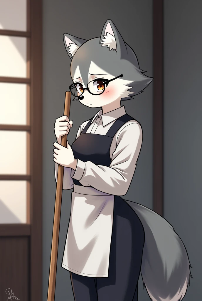 A teenage furry with glasses, husky dressed as a servant holding a broom looks down sadly, serious anime style