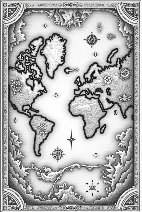 create a black and white map with a world divided into seven seas, each sea with an item that represents it