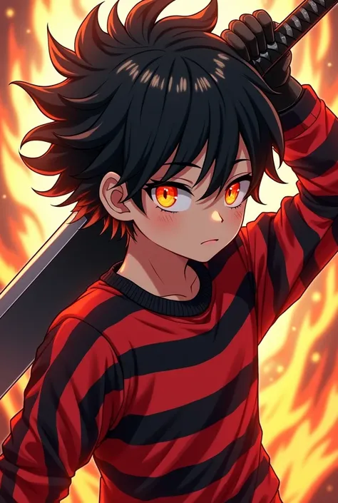 Black haired boy with orange eyes with black gloves, red striped sweatshirt with black stripes and sword on his back with fire dog anime style