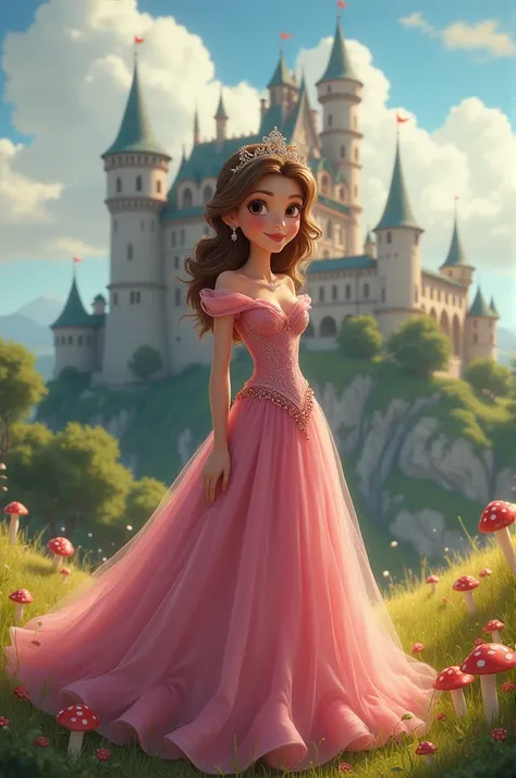 Create an Italian princess named Karina, she wears a pink dress and behind her is her castle in the background, we can also see small beings made of mushrooms 