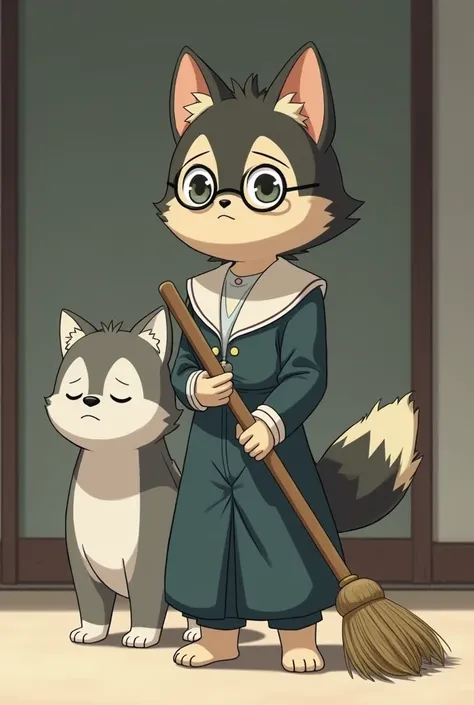 A furry teenage boy with glasses, husky dressed as a servant holding a broom looks down sadly, serious anime style