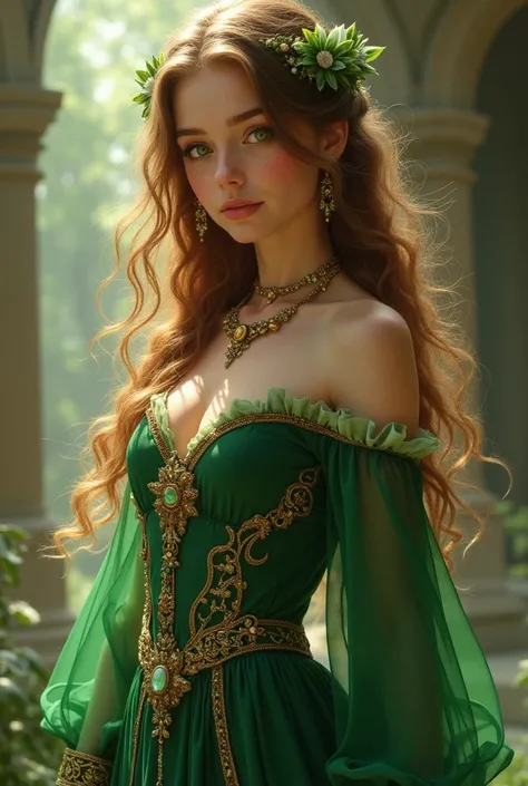 woman, golden skin, wavy hair, light brown acrobatic hair, princess, green clothing, green eyes, freckles, medieval, princess, Fantasy