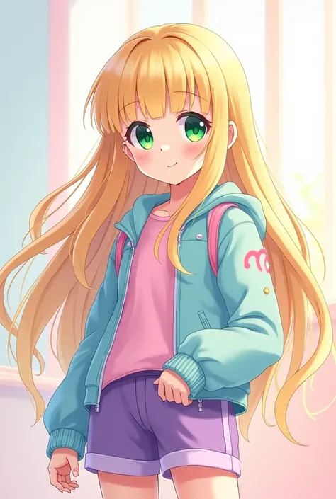 A blonde anime girl with long hair and bangs, green eyed, with a light blue jacket and pink shirt and purple shorts 