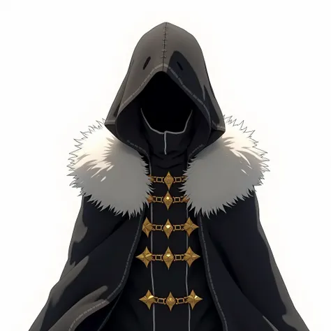 make a black coat with white fur on the collar anime style. medieval style and with golden ornaments. Make it on a white background.