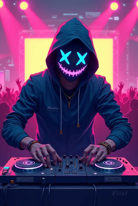 Create a masked hacker DJ character playing your music.
Not too scary... More friendly 
Much happy 
