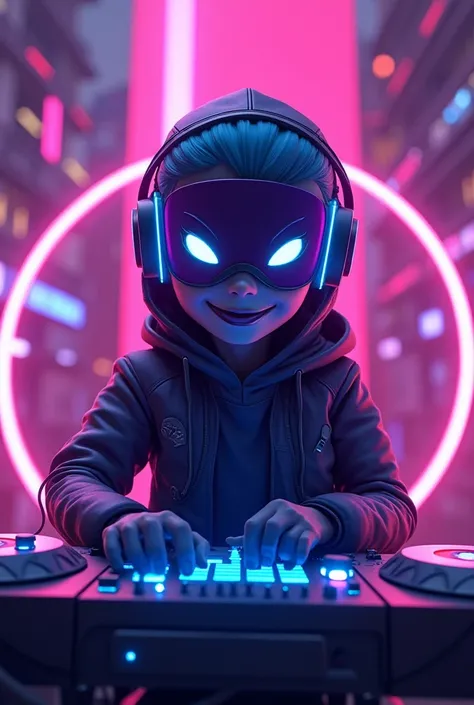 Create a masked hacker DJ character playing your music.
Not too scary... More friendly 
Much happy 
Using the colors purple and blue 