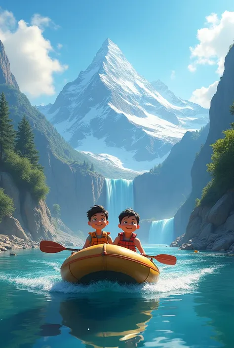 "A wide view of the protagonist and his friend crossing a river on a small raft, surrounded by majestic mountains and sparkling waterfalls. Both are full of adventurous spirit., with smiles and eyes shining with excitement. The sky is clear, with some fluf...