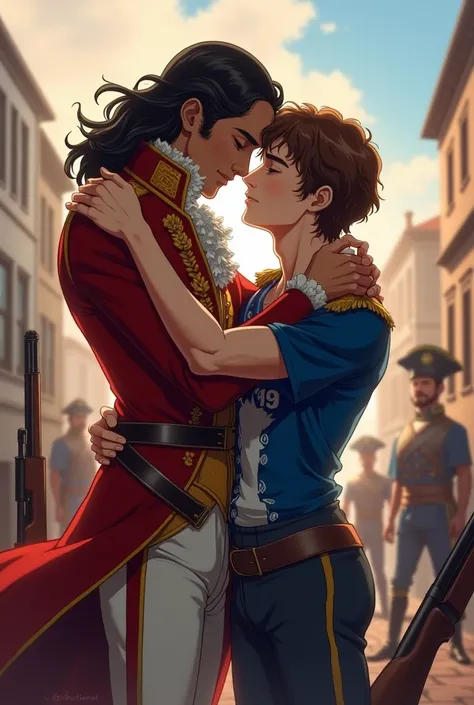 Gay kiss Lin-Manuel Mirandas hamilton, a male with long hair in old U.S.  revolution outfit, making out with oikawa, a twink man with brown wavy hair wearing  a blue and white volleyball outfit from haikyuu