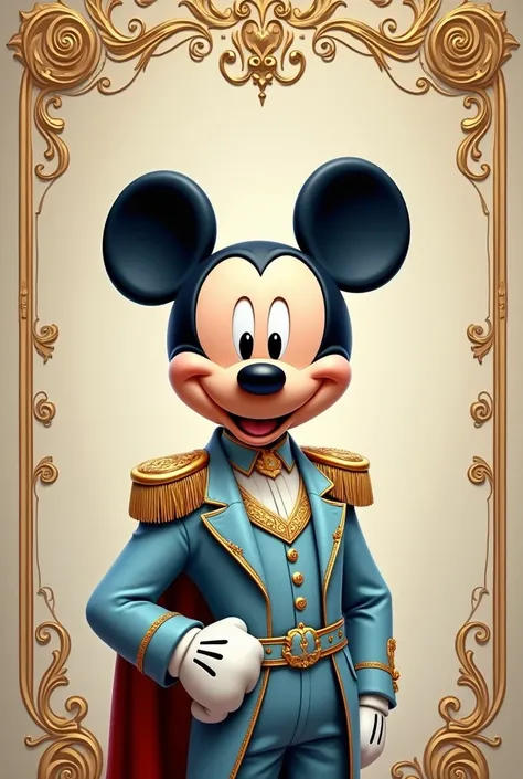 Royal invitation of animated Mickey Mouse dressed in a royal costume. The suit should be pastel blue with gold details.. 