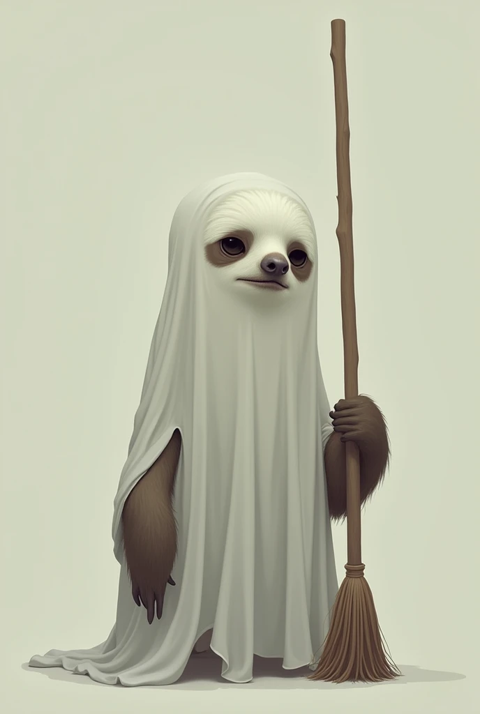 Sad sloth holding a broom up with white sheet with two eyes and a ghost mouth