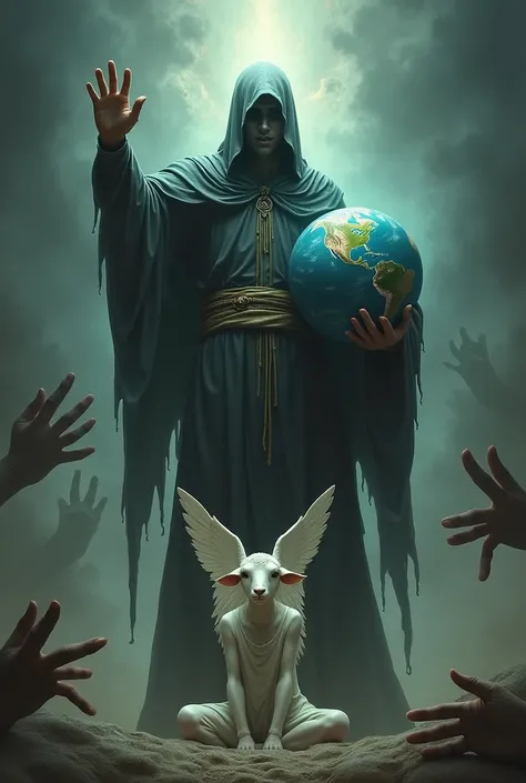 Draw me a person with a long robe, his head covered with a long blanket, you can only see his mouth. In his left hand he holds the planet Earth and with his right hand he makes a stop gesture towards some hands that are below him wanting to touch the world...