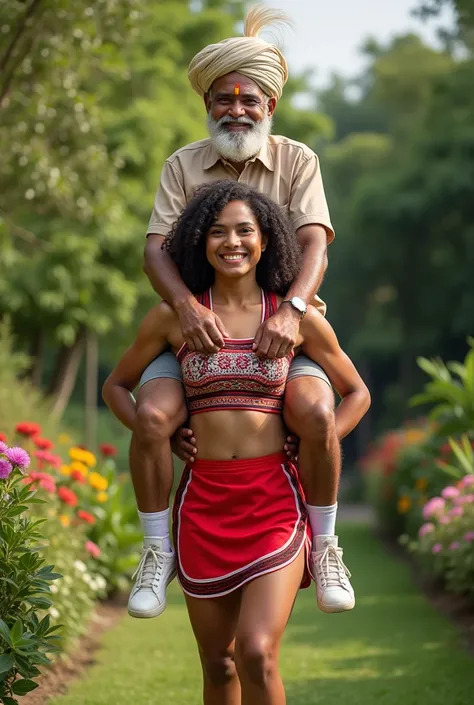 Create a realistic photograph of a smiling and beautiful sexy American cheerleader girl in frock carrying a large stout indian man on her shoulder , in a garden, man is sitting on top of her shoulder, man on top, woman standing at bottom 