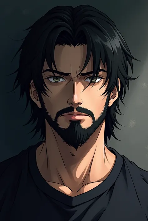 Black haired anime man with beard
