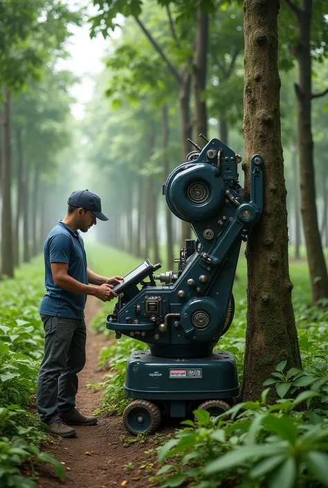 Create me a picture of a 3D machine to make small incisions in the bark of the rubber tree to extract the latex better, with a small electronic machine that sticks to the tree. And that he puts the work that he does