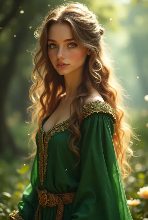 woman, golden skin, wavy hair, light brown acrobatic hair, princess, green clothing, green eyes, freckles, medieval, princess, Fantasy, traditional medieval clothing,  20 years