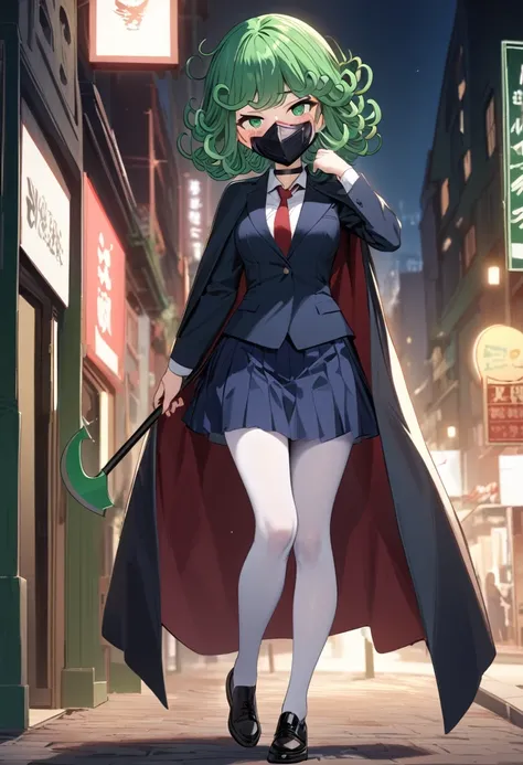 masterpiece, best quality, 1 girl only, medium breasts, Looking_for the viewer, Blush, green hair, full body, young body, black choker, red tie, shy, a blue skirt and an oversized navy blazer, visible white pantyhose, is wearing a black cape, this night, i...