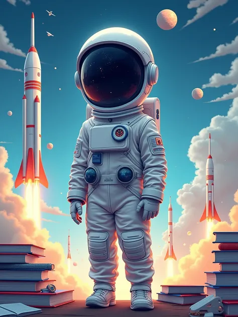 a child dressed as an astronaut, futuristic and technological digital art. There are rockets, planets, books, notebooks and pencils.