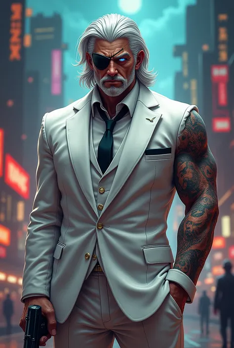 Make a middle-aged mobster with white hair, an eye patch and a thin beard with a dog tattoo on his forearm.   Younger and have white... younger and in a white suit. Make it more fanciful, a game style. Lengthen hair without beard remove beard younger and b...