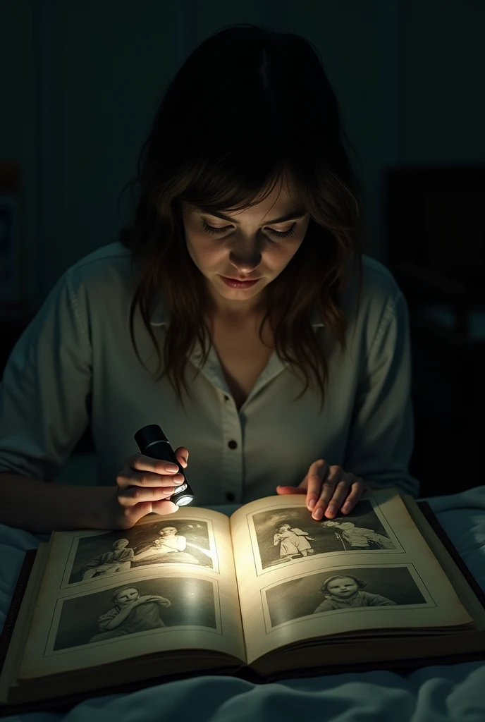 Eva alone in her room, looking through an old family photo album with a flashlight, her expression torn between curiosity and fear.


