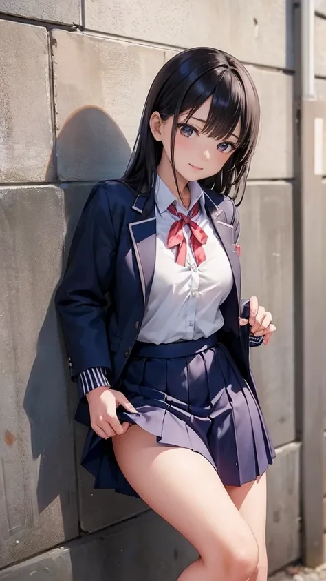 arafed asian woman in a skirt and jacket leaning against a wall, of a schoolgirl posing, japanese girl school uniform, japanese school uniform, young pretty gravure idol, wearing japanese school uniform, young skinny gravure idol, young gravure idol, young...