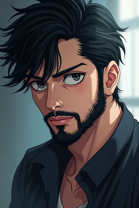 anime man, black hair with beard, and a gentle but reckless look
