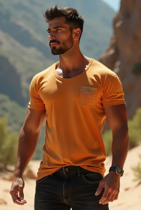 A muscular young man with tanned skin, he wears a faded orange short t-shirt, showing part of the navel and lower abdomen, wears black denim shorts