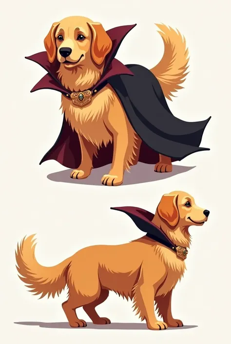 I want to create the image of a Golden Retriever dog that has a vampire costume or a cape and that is a simple top view, side view and profile, that is, several images in one like the design 