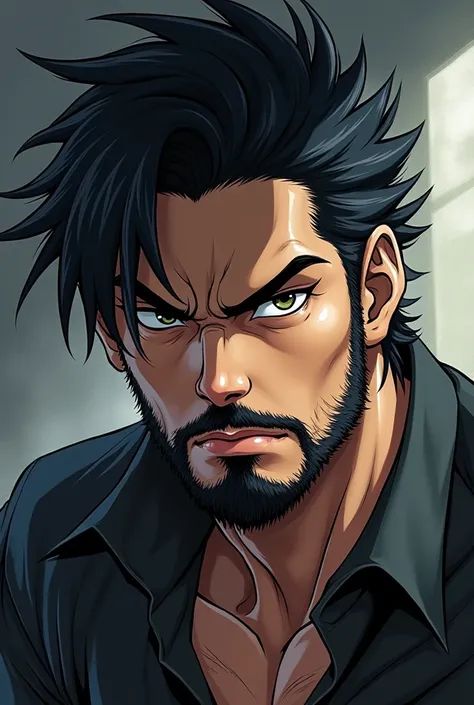 anime man, black hair with beard, and a reckless look
