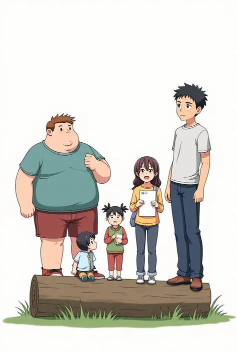 cartoon/ anime. 5 teenagers. 1 is a big fat boy at the left. 1 is a girl wearing cozy outfit. 1 is a straight haired girl. 1 is wearing a boyish attire but she is a girl, her hair is tied at the back. 1 at the right is a boy, he is a bit taller than the gi...