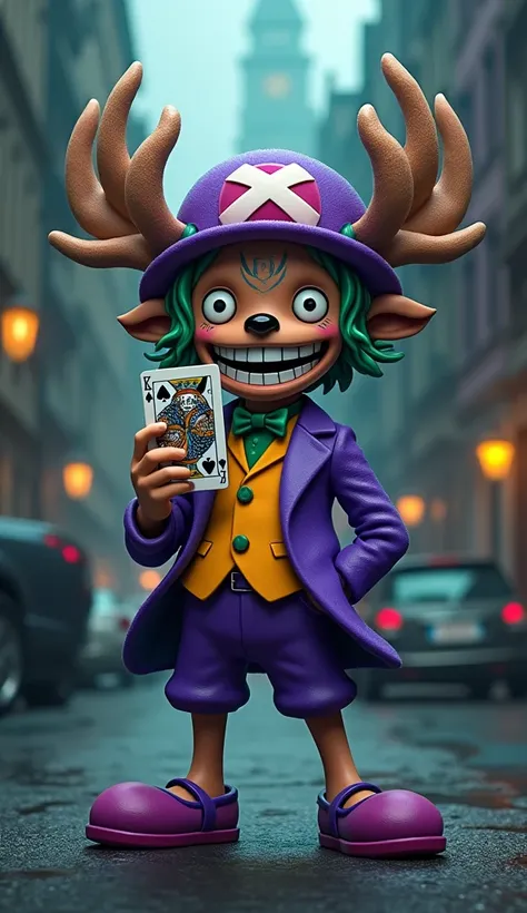 8k, High resolution, Super detailed, Tony Tony Chopper, Joker-style purple suit, Green Hair, Crazy Smile, Tony Tony Chopperの顔はそのまま, No Joker makeup, Gotham City Background, ジョーカーの雰囲気を持つTony Tony Chopper, holding a card