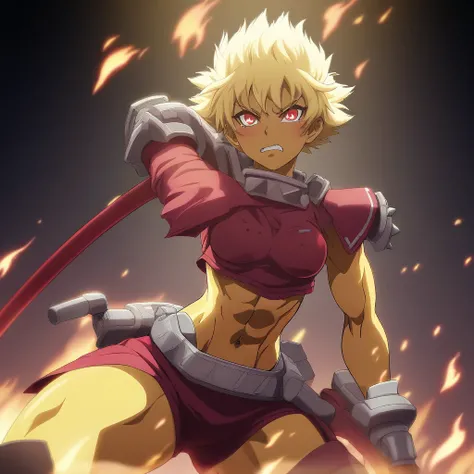 (masterpiece, best quality,dynamic angle,Dutch angle shot),Short spiky hair, deep crimson color, fierce eyes, bright yellow, intense expression, tanned and scarred skin, athletic build, battle-worn armor, sword in hand, mid-air jump, surrounded by flames, ...