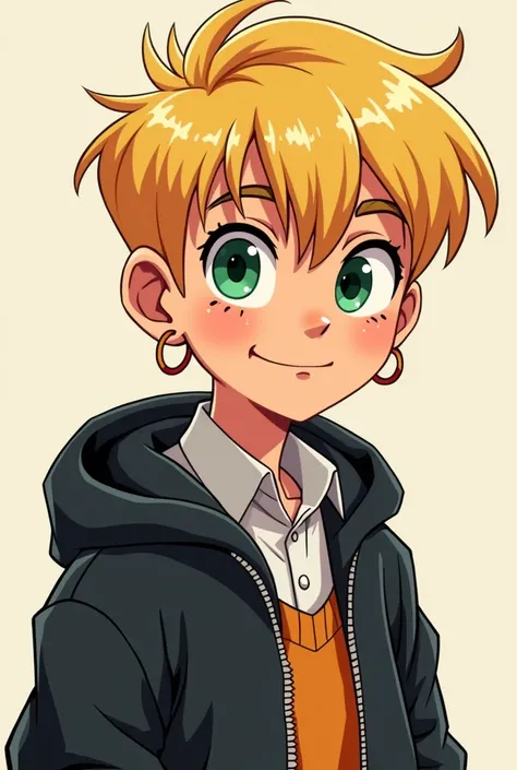 Make a 2000s style cartoon male character, with blonde hair and bangs wearing small hoop earrings and wearing a collared dress shirt and a black sweatshirt. I want the 2D cartoon style character like the ones on opinion channels like Goulart, with green ey...