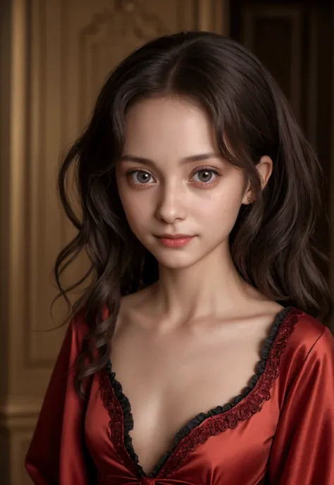 In a rococo bedroom、(full body, flat!!! tiny!!! chest), ( girl), very young!!!!!!! face, wears a dark red christmas open!!! robe, dark brown eyes, seductive smile, anorexic!!!!!!!!!, emaciated!!!!!!!!!!!!!!!!, very skinny!!!!!!!!!!, (very short!!!!!!), tin...