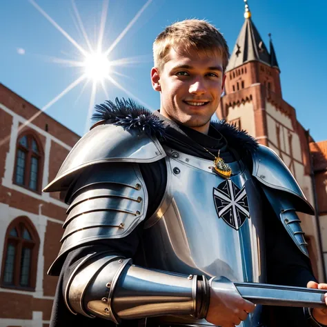 Pectoral portrait Young male knight of the Teutonic Order in armor. in front of him on bent arms knight holds removed knights helmet with lush feathers. the knight is blond with a wide smile. The knights armor and cloak have a black cross on a white backgr...