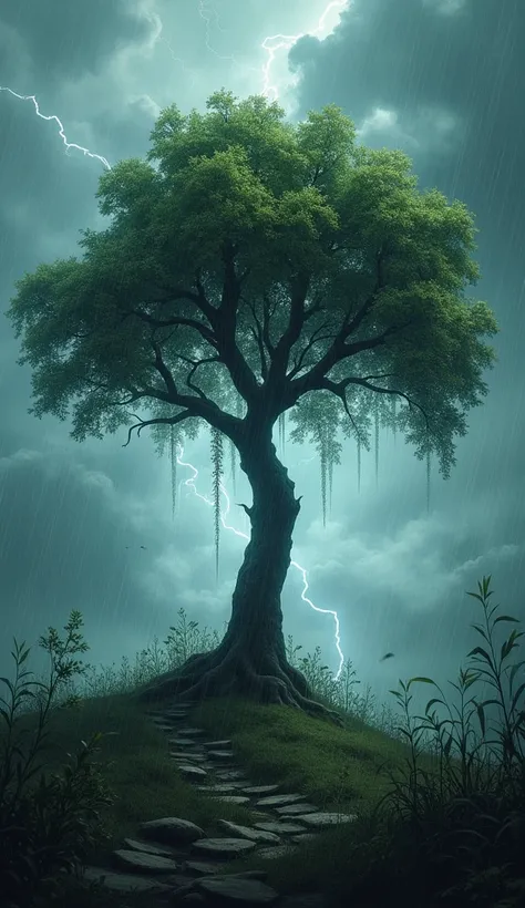 A lone tree standing tall amidst a storm, its branches stretching out to protect smaller plants beneath it, showing strength and responsibility in natures fury.
