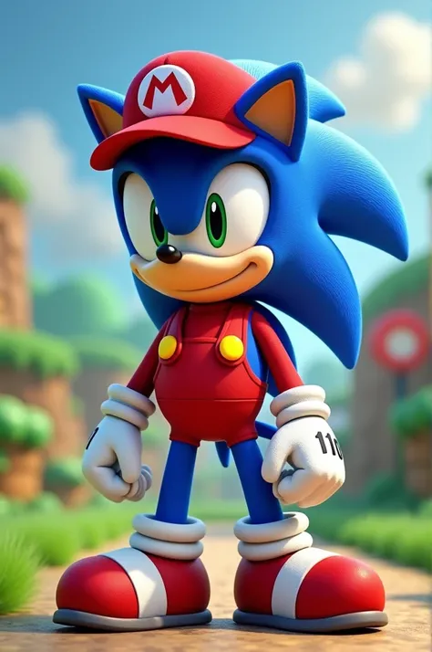 A sonic with a mario hat and clothes