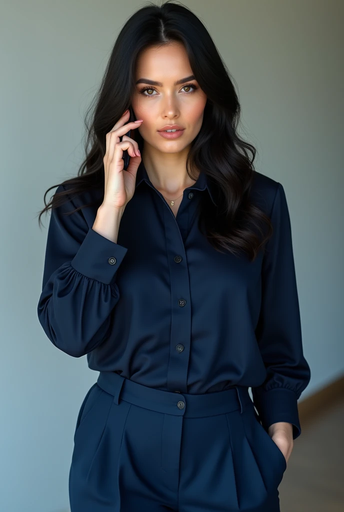 "Create a professional 4K resolution image of a 30-year-old woman with white skin and long, straight black hair that extends to her waist. She weighs 70 kg and has a slightly full figure, not thin. She is wearing a dark blue blouse and dark blue pants. She...