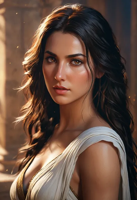 kassandra from assassins creed odyssey , oil painting portrait, art by Ana Bocek, Michael Komarck, andreas rocha, intricately detailed fluid gouache painting, sensual and alluring, in her 30s, long black hair, stunnigly beautiful, perfect eyes, Procreate, ...