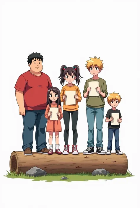 cartoon/ anime. 5 teenagers. 1 is a big fat boy at the left. 1 is a tall girl wearing cozy outfit. 1 is a straight haired tall girl. 1 is wearing a boyish attire but she is a tall girl, her hair is tied at the back. 1 at the right is a boy, he is a bit tal...