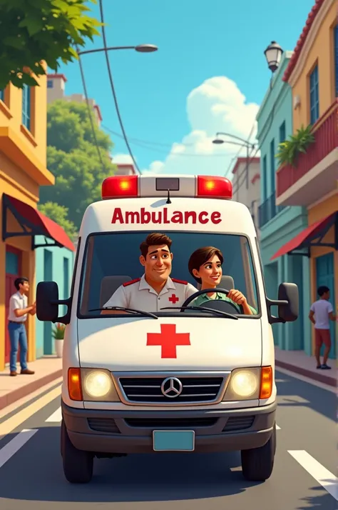 Create a Disney Pixar style poster of a man driving an ambulance with the name Honduran Red Cross 