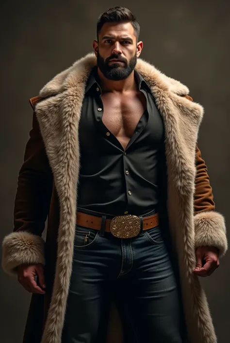 Masterpiece handsome and muscular man hairy and muscular chest, strong and muscular legs big bulge great detail 8k great sharpness, with tight jeans, big crotch, Black shirt , and a large winter ermine coat with spectacular gold buttons , profile , with th...