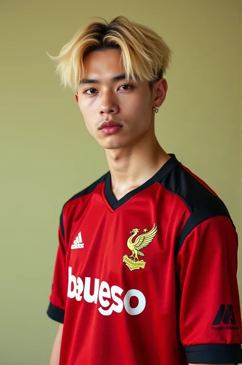 Take a picture of Jimin from BTS as a blonde wearing a Flamengo shirt 