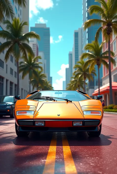 ((Super best quality)) ((detailed hype)) Landscapes of the city of Miami Florida United States , with a 1980 Lamborghini Countach facing forward 