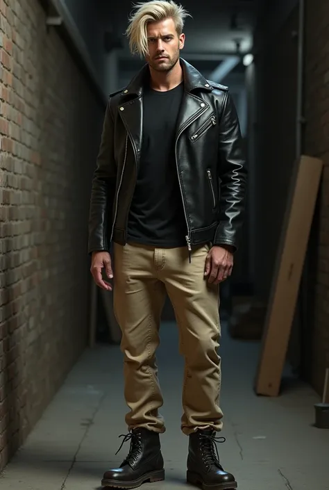 Man with beige jeans, Black leather shirt   Black leather jacket, boots and blond hair 