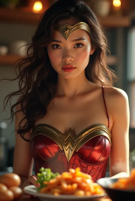 Cooking food、Wonder Woman。Brown Hair,  masterpiece、beautiful girl、fine 目、puffy eyes、Bright spot、Best Quality, 超High resolution, (reality: 1.4), Cinema Lighting,Very beautiful、完璧なWonder Womanのコスチューム。Very pretty face。Japanese 20 year old､Beautiful white skin...