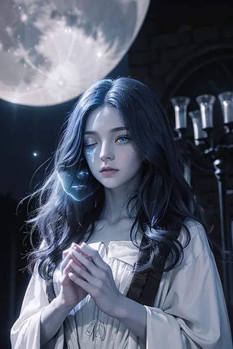 Female, long midnight blue hair, glowing moonlight blue eyes, witch, sorceress, pale skin, holding the moon