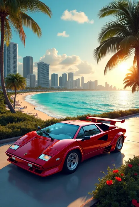 ((Super best quality)) ((detailed hype)) Landscapes of the city of Miami Florida United States , with a Lamborghini Countach anniversary ,1980 looking ahead 