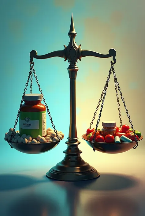 cena principal:

a two-pan balance.
On the left plate, a bottle of supplement feeding healthy muscles.
On the plate on the right, a selection of unhealthy foods and a jumble of unnecessary supplements (pills, bottles without labels, fast food), symbolizing...